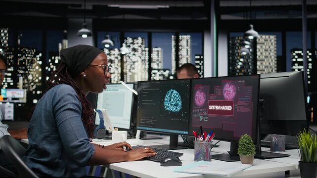 Programmer in office panicked by ddos attack from hacker, trying to protect servers from malware. Scared startup worker frightened by virus sent by cybercriminal bugging company systems.