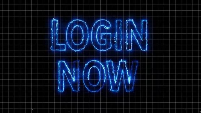 Glowing blue neon text login now on grid. Digital account interface element for website member authentication. Digital neon text animation for user security safety.