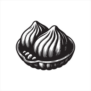 Black and white hand drawn illustration of traditional Indian sweet modak in a bowl.