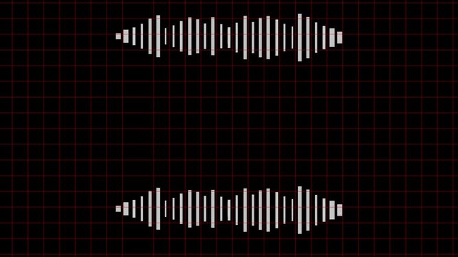 White sound waveforms on red grid background audio. Audio waveform symbol for music sound stream player. Digital waveform animation for voice podcast studio.