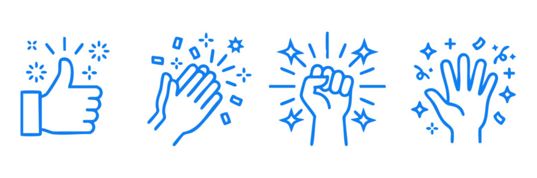 Blue line hand gesture icons set, thumbs up and clapping hands symbols, fist and open palm celebration signs, 4 vector elements for success