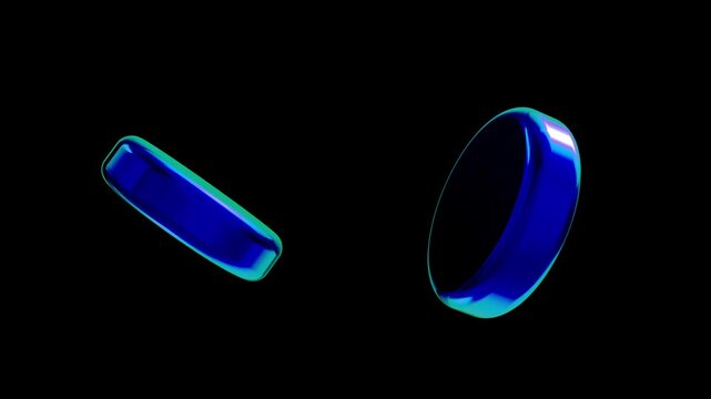 Two iridescent blue discs floating on black background. Iridescent blue circles for creative geometry design. Digital disc animation for motion graphic backdrop.