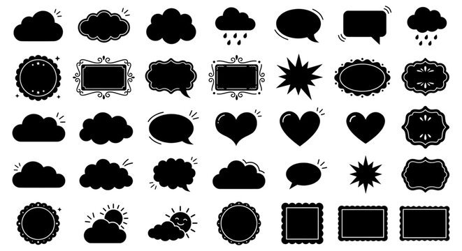 Black silhouette speech bubbles and decorative frames set, 35 comic cloud and heart icons, vintage label borders for graphic design and journaling