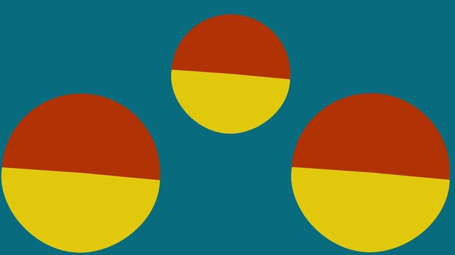 Three circles divided into yellow and red halves. Geometry shapes pattern for creative design presentation. Digital circle animation for modern visual layout.