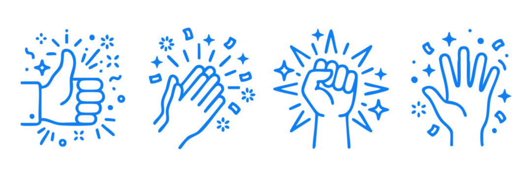 Blue line hand gesture icons, set of 4 celebration hand signs with confetti, thumbs up and clapping hands symbols for success and achievement