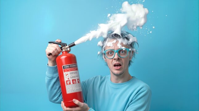 Shocked individual accidentally spraying fire extinguisher foam on his own head. Humorous safety fail and workplace mishap concept.