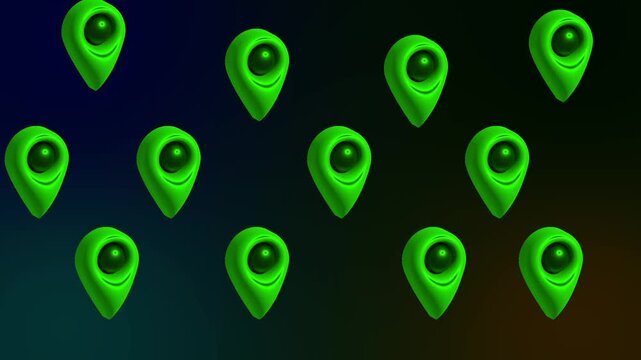 Pattern of green 3D location pins on background. Map marker icons for corporate regional office network. Digital location pin animation for logistics mapping.