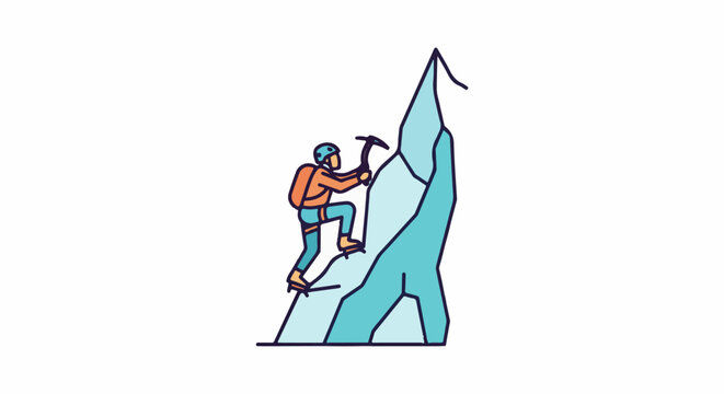 Climber ascends icy peak using ice axe and equipment