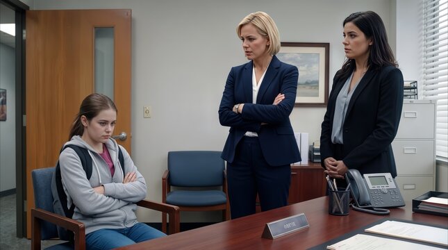 Teenager sitting in office during meeting with school administrators. Disciplinary discussion or counseling session in educational setting.