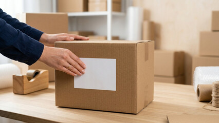 Fototapeta premium Cardboard shipping box with a clean white label is carefully handled by a warehouse worker in a brightly lit packing station to prepare the parcel for customer delivery.
