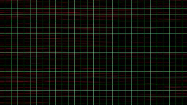 Black background with green and red grid lines. Technology matrix pattern for digital data center server infrastructure. Digital grid animation for scifi dashboard.