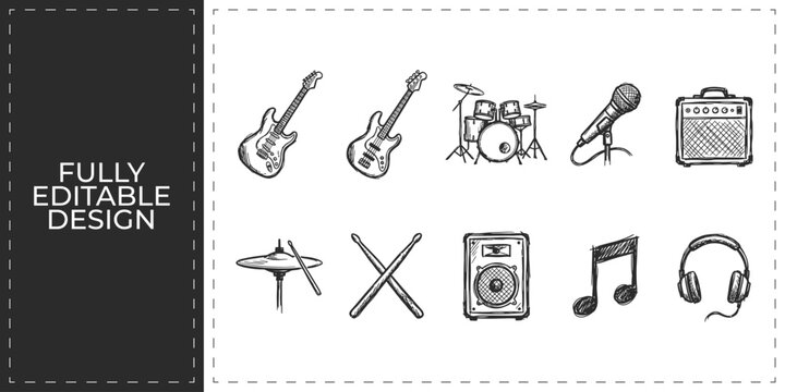 Rock music band and live concert hand drawn doodle icons set featuring electric guitar drums and microphone for sound production and event marketing design