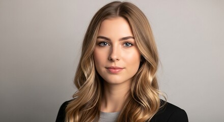 Fototapeta premium Professional young woman with blonde wavy hair wearing a black blazer and light gray top looking confidently at the camera in a studio setting for corporate or business use
