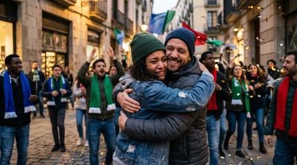 Fototapeta premium Joyful soccer fans celebrating victory hugging in street with confetti falling and flags waving