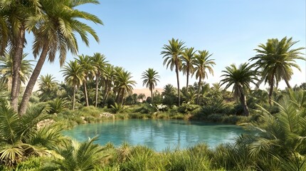 Fototapeta premium Verdant vegetation and date palms encircling a calm pond within a vast sand dune landscape. Remote desert oasis providing a source of water and life in an arid environment.