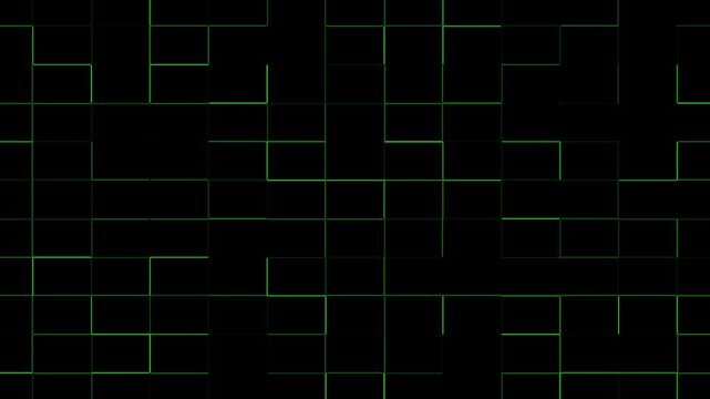 Black background with neon green grid lines abstract. Retro grid symbol for 80s futuristic computer game landscape. Digital retro grid animation for technology.