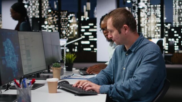 Tech startup worker drinking coffee, developing AI algorithms in high rise office. Caffeinated programmer energetically debugging neural network brain models.