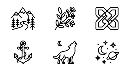 Fototapeta premium Minimalist Nature & Celestial Icons: Mountains, Flowers, Wolf, Anchor, Stars, Geometric