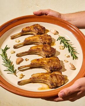 Andorran Xai Rostit Roast Lamb on Terracotta Platter &mdash; Two Hands Presenting, Wedding Feast, Rosemary Garlic, Warm Light