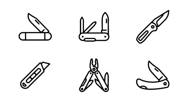 Pocket Knives, Multi-tools, Utility Blades: Versatile Cutting Icons Set