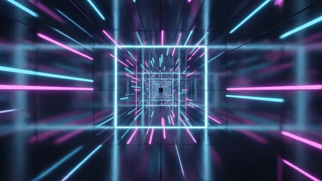 Abstract digital tunnel with vibrant blue and pink neon lights creating a mesmerizing, endless loop. Perfect for technology, sci-fi, and futuristic projects.