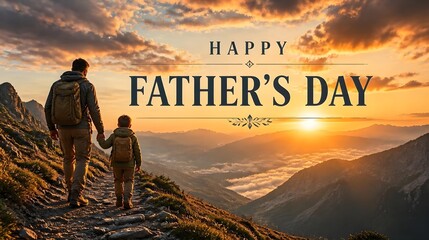 Father and child hike a mountain trail at sunrise beneath dramatic clouds and golden light. A cinematic wide shot carries centered typography reading “HAPPY FATHER’S DAY.”