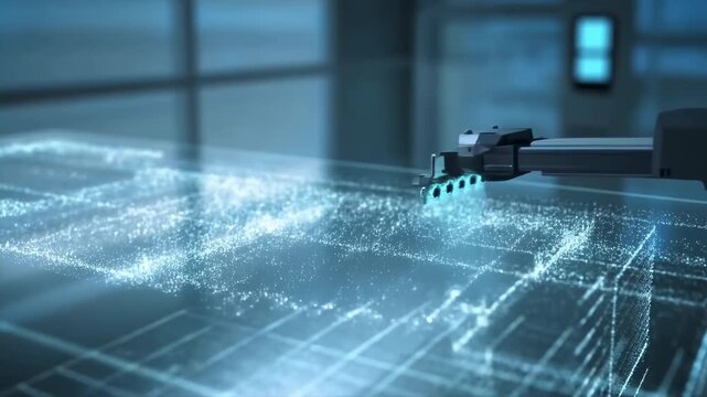 Futuristic robotic arm over glowing digital grid in blue industrial setting