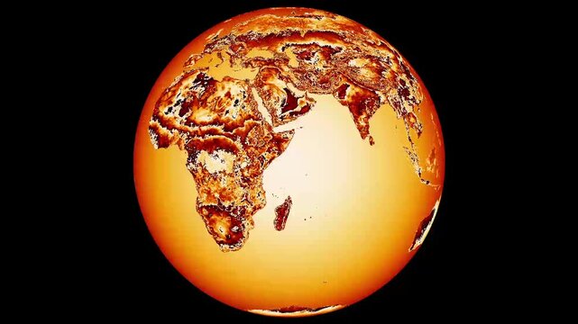 Fiery globe showing earth surface with heat map. Global warming symbol for international climate change research. Digital earth globe animation for temperature alert.