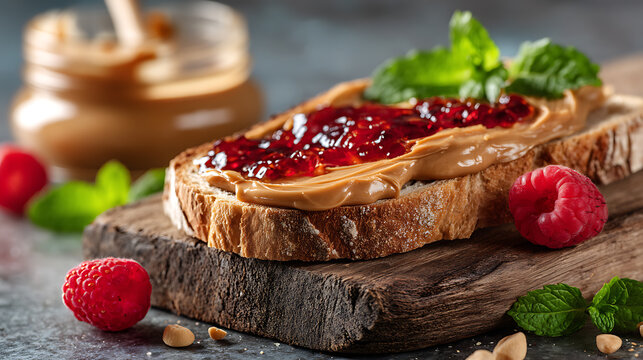 Whole wheat bread with peanut butter and red fruit jam