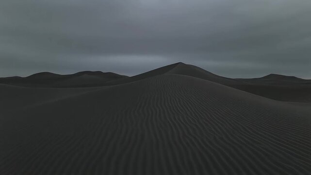 Dark sand dunes landscape video footage featuring rolling hills under a moody overcast cloudy sky