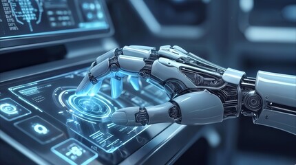 Fototapeta premium Cyborg hand interacting with holographic control panel in futuristic laboratory. Artificial intelligence operating advanced digital interface for data processing and system management.