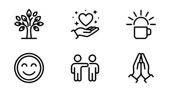 Minimalist Icons: Tree, Heart, Sunrise Coffee, Smile, Friends, Praying Hands, Vector Set