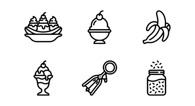 Dessert Icons: Banana Split, Ice Cream, Banana, Sundae, Scoop, Sprinkles Vector Set