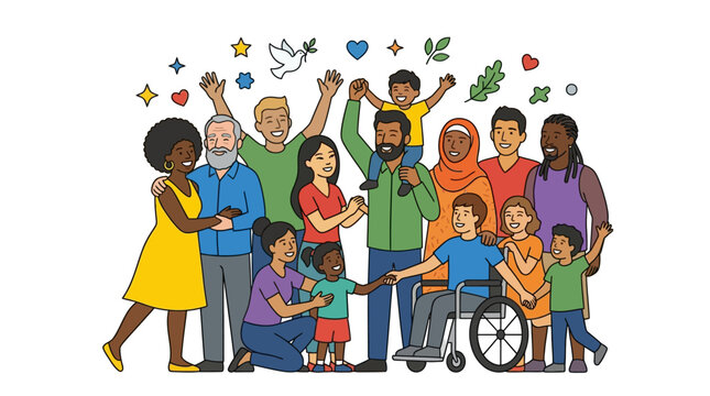 Illustration of a diverse group of people with various abilities and ethnicities standing together in a celebratory mood with colorful icons floating above them on a white background.