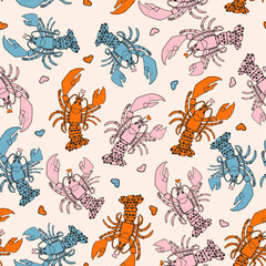 Obraz premium A seamless vector pattern of joyful lobsters in pink, orange and teal with patterned shells and hearts on soft cream background