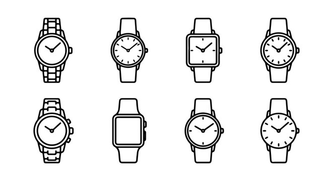 Watch Icons Collection: Timepieces, Wristwatches, Modern & Classic Styles, Vector Set