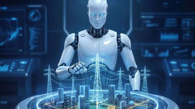 Smart city energy grid managed by white humanoid robot using holographic interface. Android overseeing urban infrastructure and power distribution in high-tech control room.