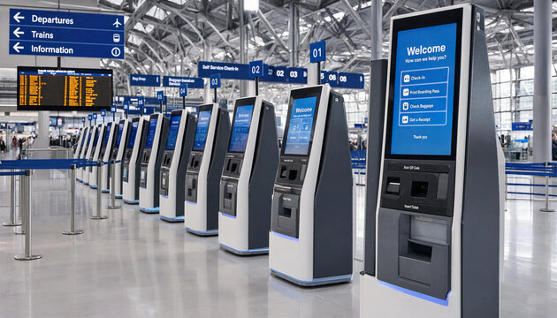 Row of self-service check-in kiosks in a modern airport terminal with check in terminal check-in technology automated departure boarding passenger infrastructure transportation