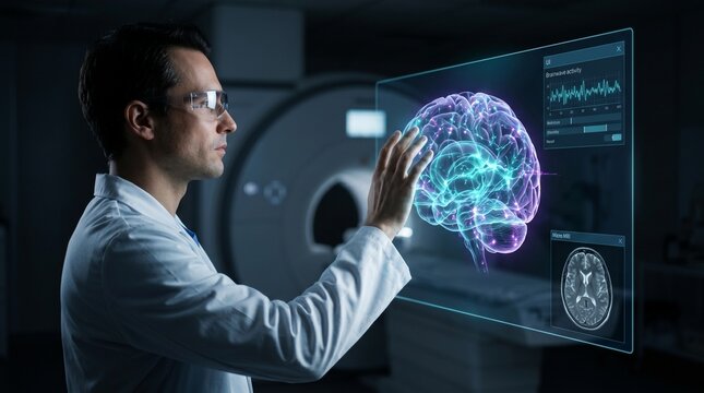 Innovative Neuroscientist Engages with Advanced Holographic Brain Interface, Analyzing Complex Data in a Modern Medical Research Environment