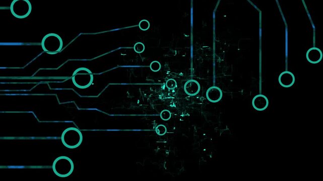 Teal circuit board lines and circles on dark background. Technology circuit symbol for computer processing information system. Digital circuit board animation for core.