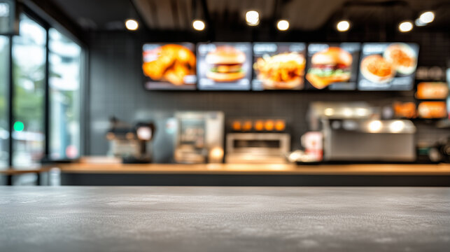 An empty table, with a blurry background of a modern fast food restaurant displaying a digital menu.