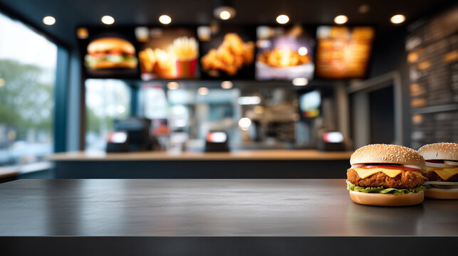 Close up image of a freshly made, appetizing hamburger sitting on a wooden table, with a blurry background of a fast food restaurant at night.