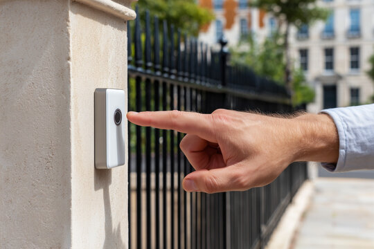 Close up of a man index finger pressing a white doorbell button on a wall near an iron fence outside a house.