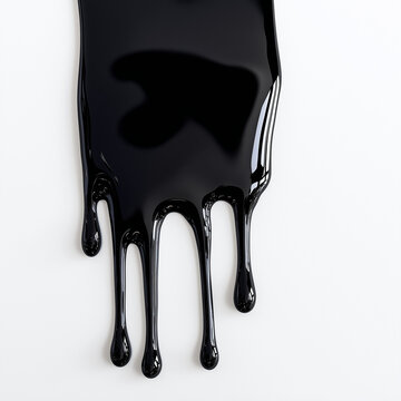 Macro shot of thick glossy black liquid or paint dripping down in distinct streaks against a clean white background.