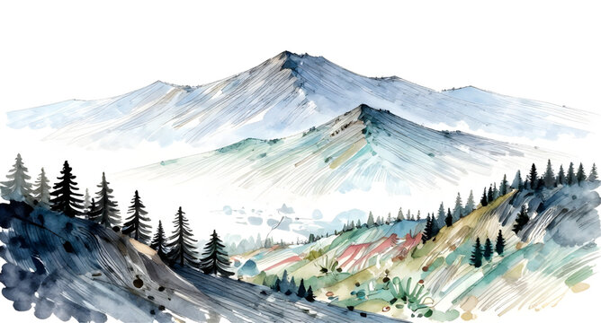 mountainlandscapeillustration, handdrawnmountains, mountainlandscape, mountains, pineforest, pinetrees, nature, wilderness, outdoor, scenic, sketch, blackandwhite, monochrome, vector, illustration, la