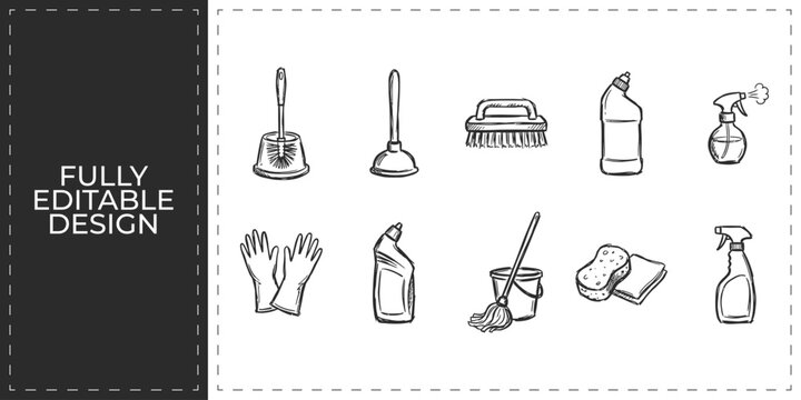 House cleaning supplies and hygiene maintenance hand drawn doodle icons set featuring broom mop and spray for home care and professional janitor service design