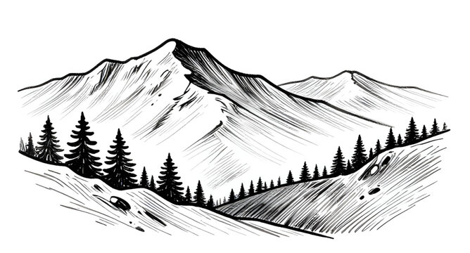 mountainlandscapeillustration, handdrawnmountains, mountainlandscape, mountains, pineforest, pinetrees, nature, wilderness, outdoor, scenic, sketch, blackandwhite, monochrome, vector, illustration, la