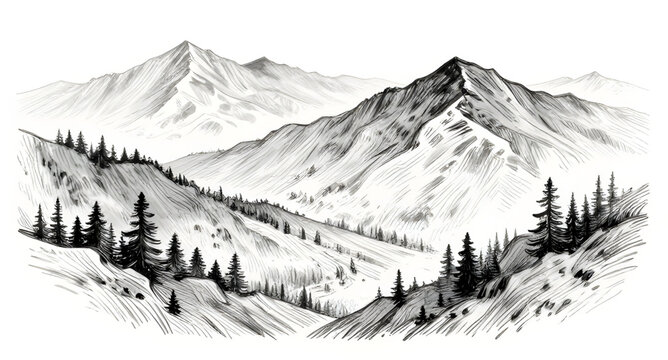 mountainlandscapeillustration, handdrawnmountains, mountainlandscape, mountains, pineforest, pinetrees, nature, wilderness, outdoor, scenic, sketch, blackandwhite, monochrome, vector, illustration, la