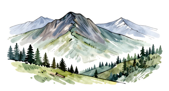 mountainlandscapeillustration, handdrawnmountains, mountainlandscape, mountains, pineforest, pinetrees, nature, wilderness, outdoor, scenic, sketch, blackandwhite, monochrome, vector, illustration, la