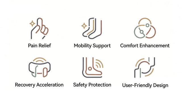 Pain relief activity support, comfortable recovery, safe and humanized icon, rehabilitation nursing characteristics, suitable for physical therapy protective equipment and rehabilitation products.
